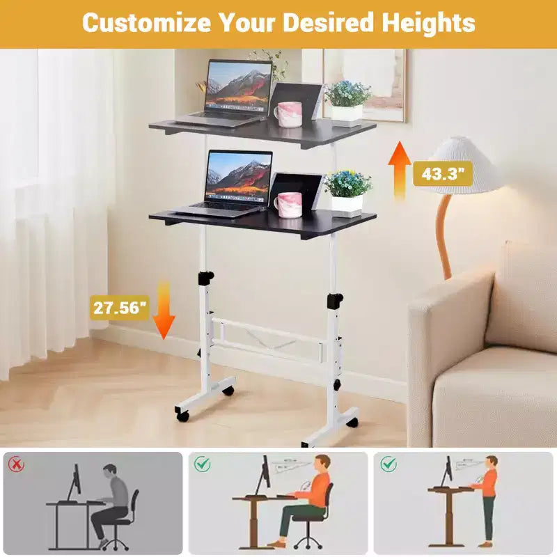 Mobile Standing Desk - Adjustable Height, Rolling Laptop Table with Wheels, Portable Workstation, Home Office Overbed Training Room