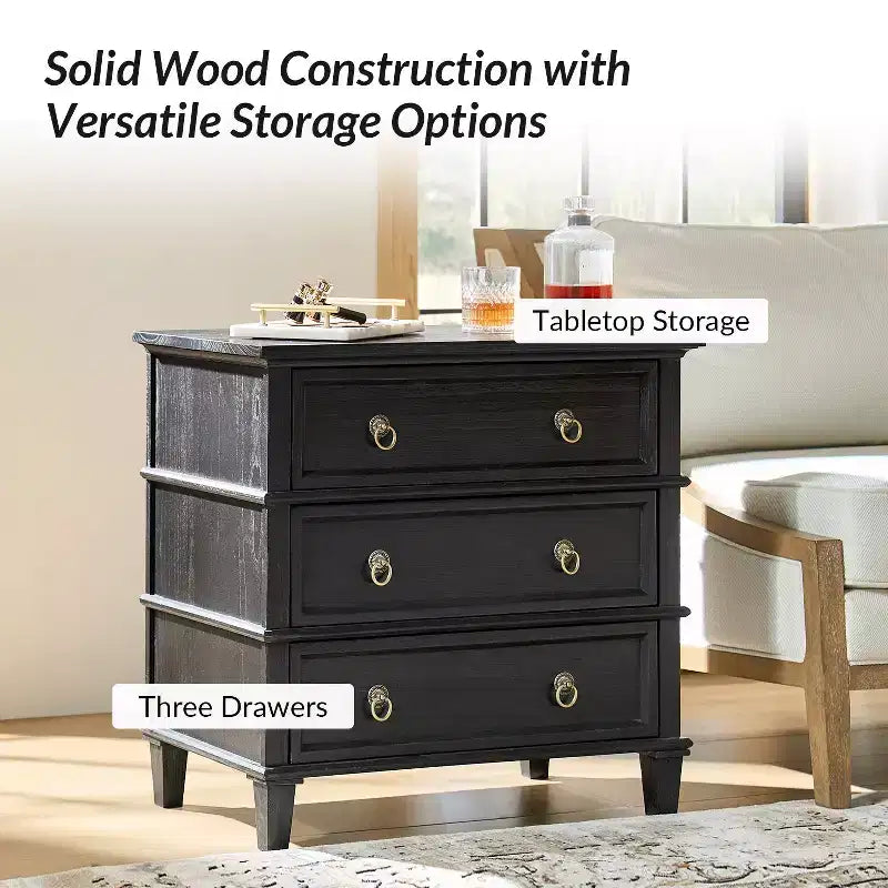 Helena 28W 3-Drawer Solid Wood End Table Set of 2 with Built-in Charging Station|HULALA HOME