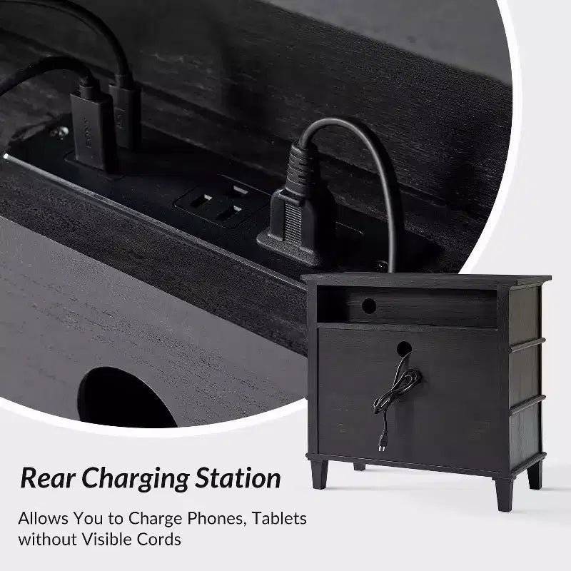 Helena 28W 3-Drawer Solid Wood End Table Set of 2 with Built-in Charging Station|HULALA HOME
