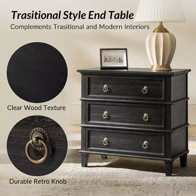 Helena 28W 3-Drawer Solid Wood End Table Set of 2 with Built-in Charging Station|HULALA HOME