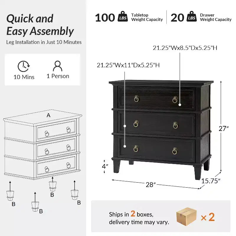Helena 28W 3-Drawer Solid Wood End Table Set of 2 with Built-in Charging Station|HULALA HOME