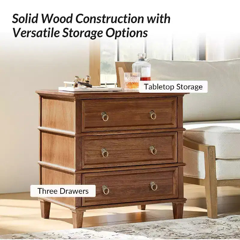 Helena 28W 3-Drawer Solid Wood End Table Set of 2 with Built-in Charging Station|HULALA HOME