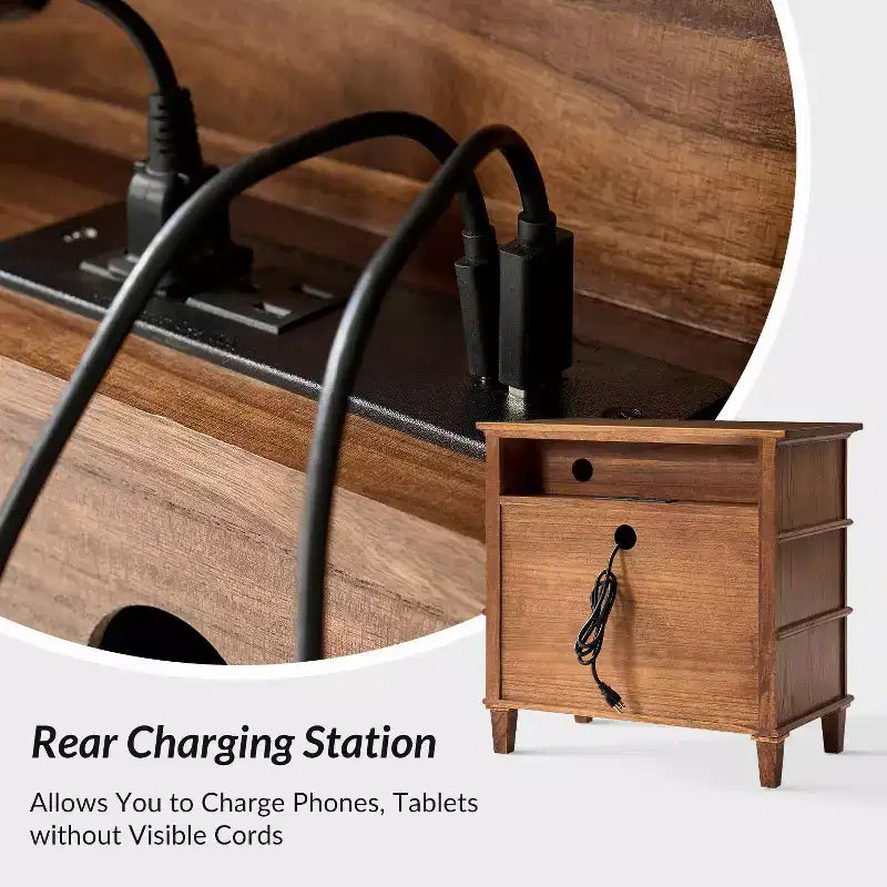 Helena 28W 3-Drawer Solid Wood End Table Set of 2 with Built-in Charging Station|HULALA HOME