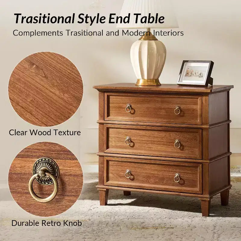 Helena 28W 3-Drawer Solid Wood End Table Set of 2 with Built-in Charging Station|HULALA HOME