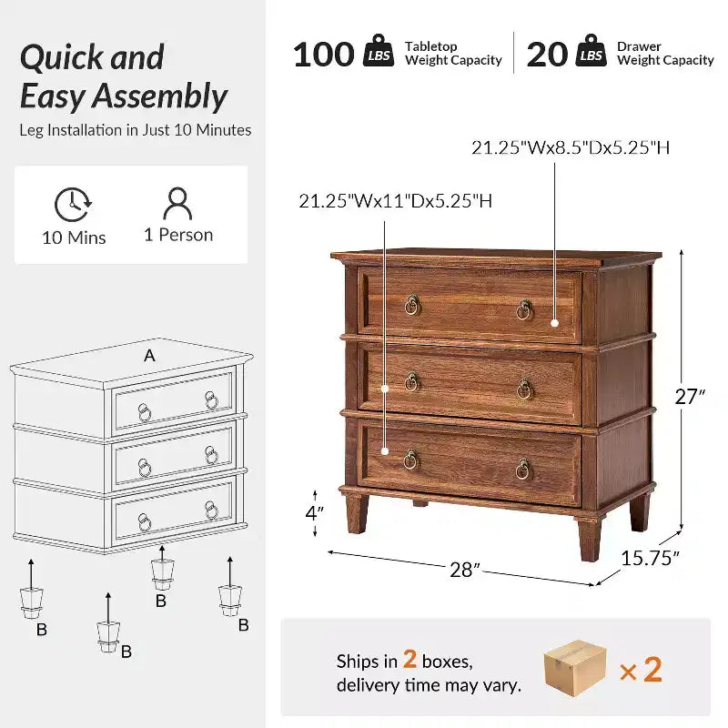 Helena 28W 3-Drawer Solid Wood End Table Set of 2 with Built-in Charging Station|HULALA HOME