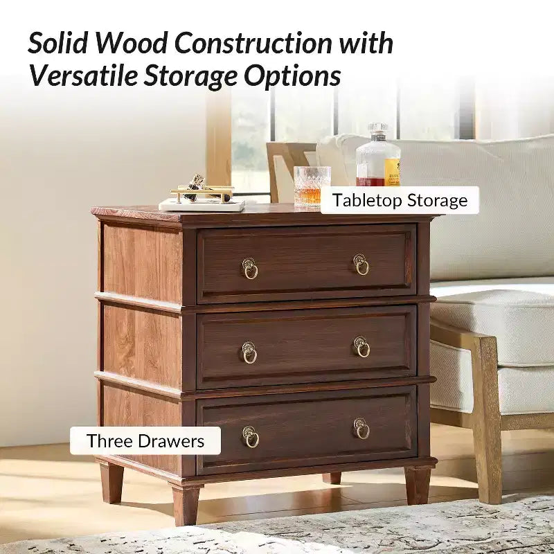 Helena 28W 3-Drawer Solid Wood End Table Set of 2 with Built-in Charging Station|HULALA HOME