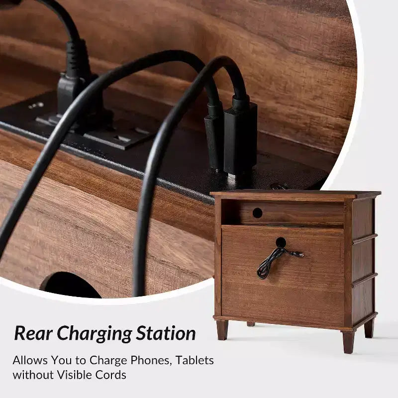 Helena 28W 3-Drawer Solid Wood End Table Set of 2 with Built-in Charging Station|HULALA HOME