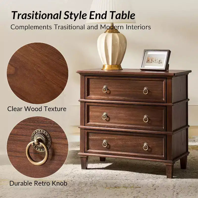 Helena 28W 3-Drawer Solid Wood End Table Set of 2 with Built-in Charging Station|HULALA HOME
