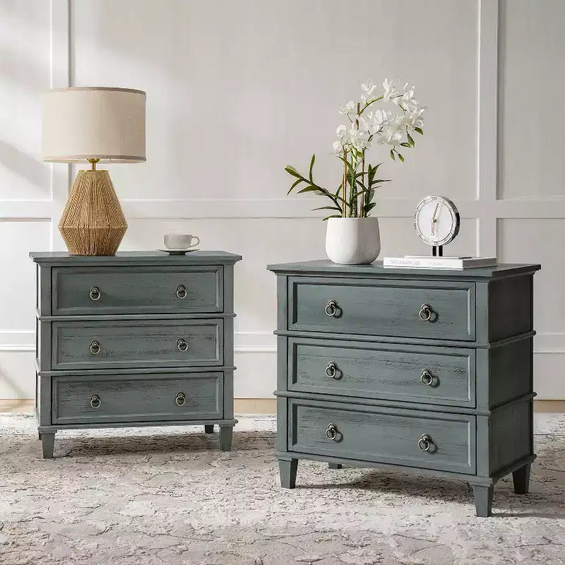 Helena 28W 3-Drawer Solid Wood End Table Set of 2 with Built-in Charging Station|HULALA HOME