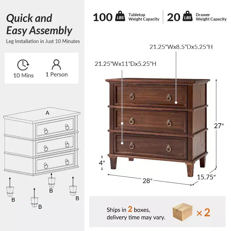 Helena 28W 3-Drawer Solid Wood End Table Set of 2 with Built-in Charging Station|HULALA HOME