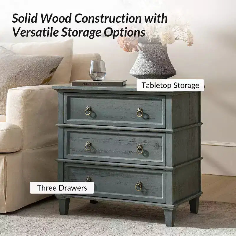 Helena 28W 3-Drawer Solid Wood End Table Set of 2 with Built-in Charging Station|HULALA HOME