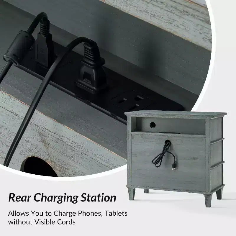 Helena 28W 3-Drawer Solid Wood End Table Set of 2 with Built-in Charging Station|HULALA HOME