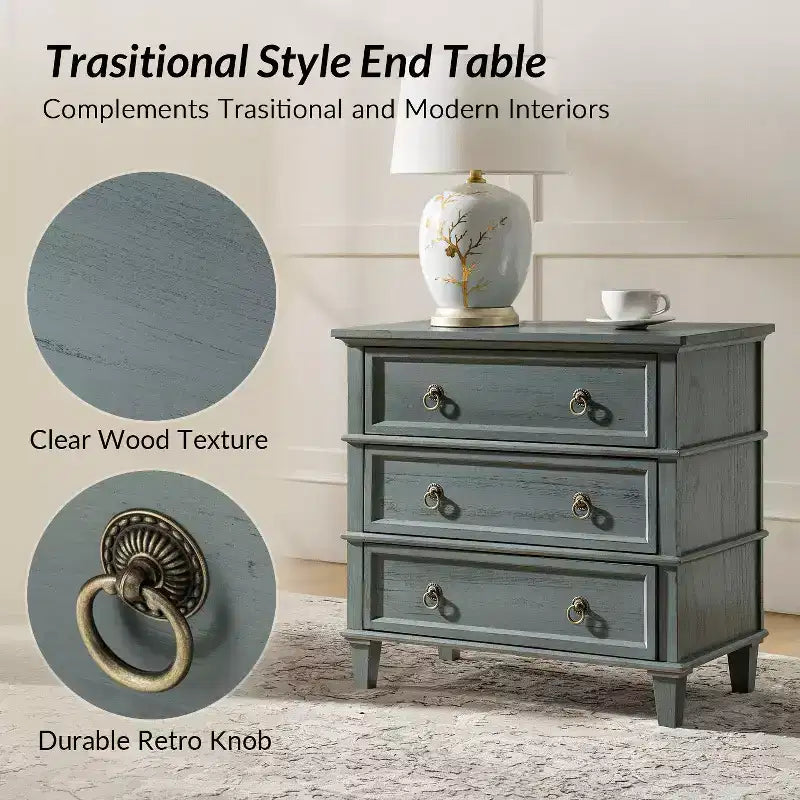 Helena 28W 3-Drawer Solid Wood End Table Set of 2 with Built-in Charging Station|HULALA HOME