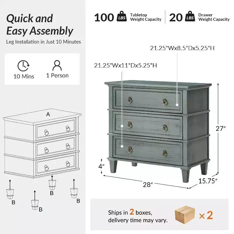 Helena 28W 3-Drawer Solid Wood End Table Set of 2 with Built-in Charging Station|HULALA HOME