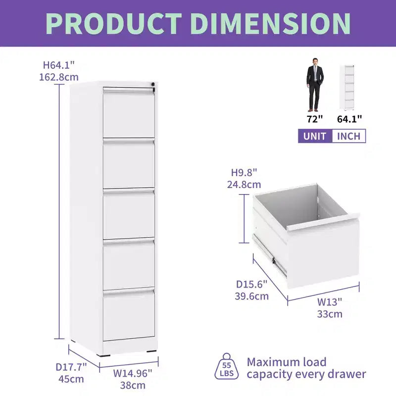 5 Drawer Metal Vertical File Cabinet with Lock Office Home Steel Vertical File Cabinet