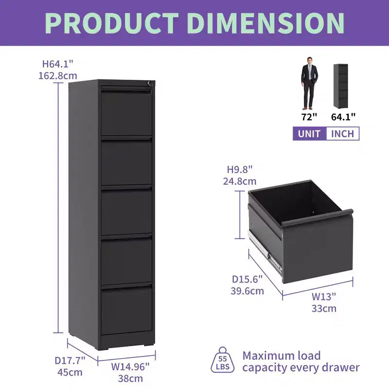 5 Drawer Metal Vertical File Cabinet with Lock Office Home Steel Vertical File Cabinet