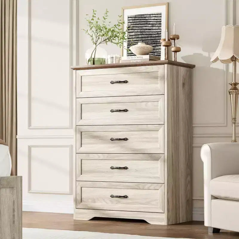 5 Drawers Dresser Chest with Wide Metal Handles, Beige, Farmhouse Modern Wooden Storage Organizer for Bedroom/Living Room/Kids Room