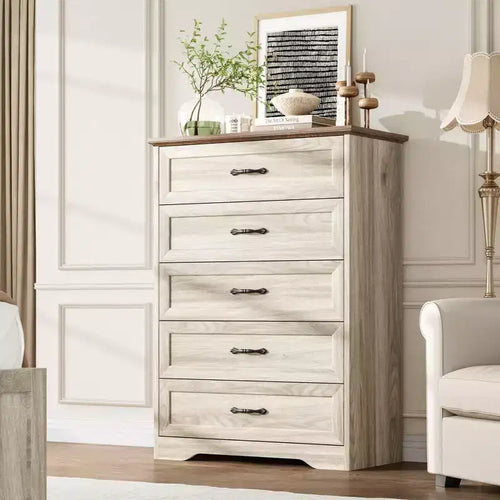 5 Drawers Dresser Chest with Wide Metal Handles, Beige, Farmhouse Modern Wooden Storage Organizer for Bedroom/Living Room/Kids Room