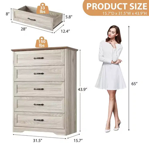 Commode à 5 tiroirs avec larges poignées en métal, beige, meuble de rangement en bois moderne de style ferme pour chambre à coucher/salon/chambre d'enfant