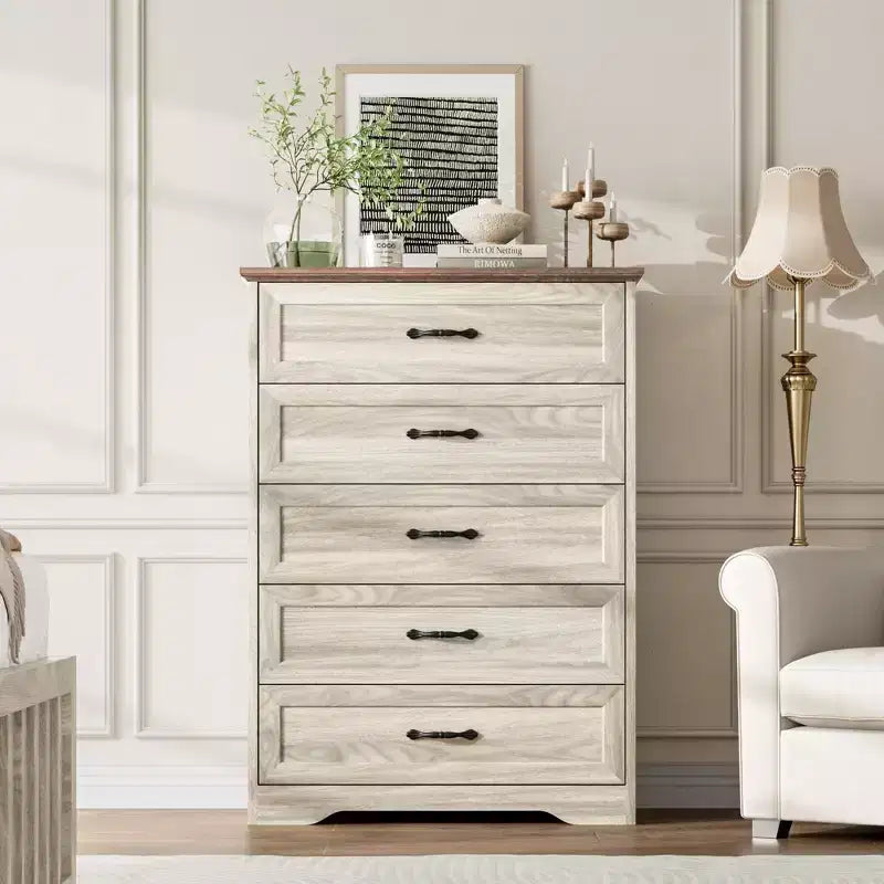 5 Drawers Dresser Chest with Wide Metal Handles, Beige, Farmhouse Modern Wooden Storage Organizer for Bedroom/Living Room/Kids Room