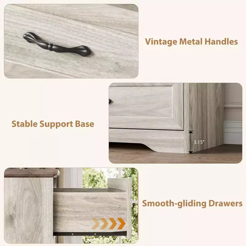 5 Drawers Dresser Chest with Wide Metal Handles, Beige, Farmhouse Modern Wooden Storage Organizer for Bedroom/Living Room/Kids Room