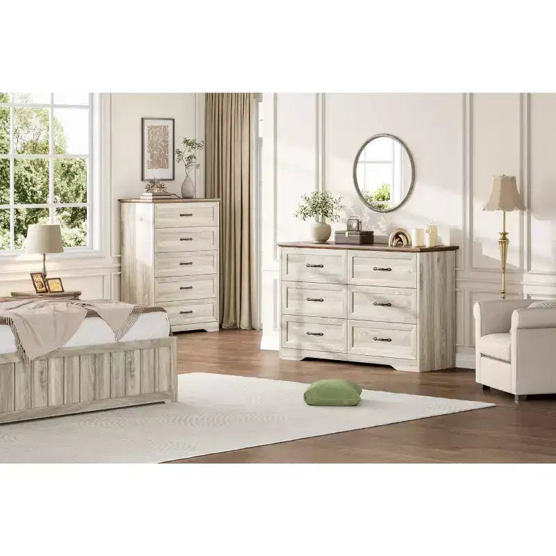 5 Drawers Dresser Chest with Wide Metal Handles, Beige, Farmhouse Modern Wooden Storage Organizer for Bedroom/Living Room/Kids Room