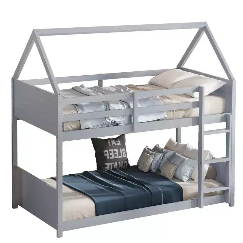 Bellemave Twin Over Twin House Bunk Bed, Low Floor Wood Bunk Bed with Roof Frame, Guardrails & Ladder, Rubber Wood Kids Bed Frame