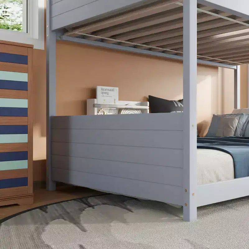 Bellemave Twin Over Twin House Bunk Bed, Low Floor Wood Bunk Bed with Roof Frame, Guardrails & Ladder, Rubber Wood Kids Bed Frame
