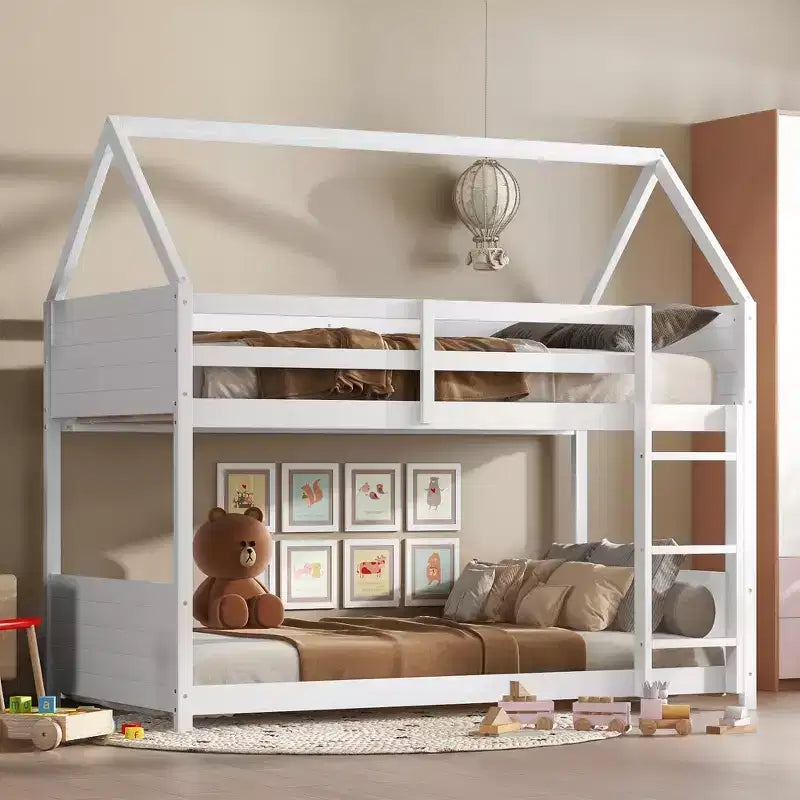 Bellemave Twin Over Twin House Bunk Bed, Low Floor Wood Bunk Bed with Roof Frame, Guardrails & Ladder, Rubber Wood Kids Bed Frame