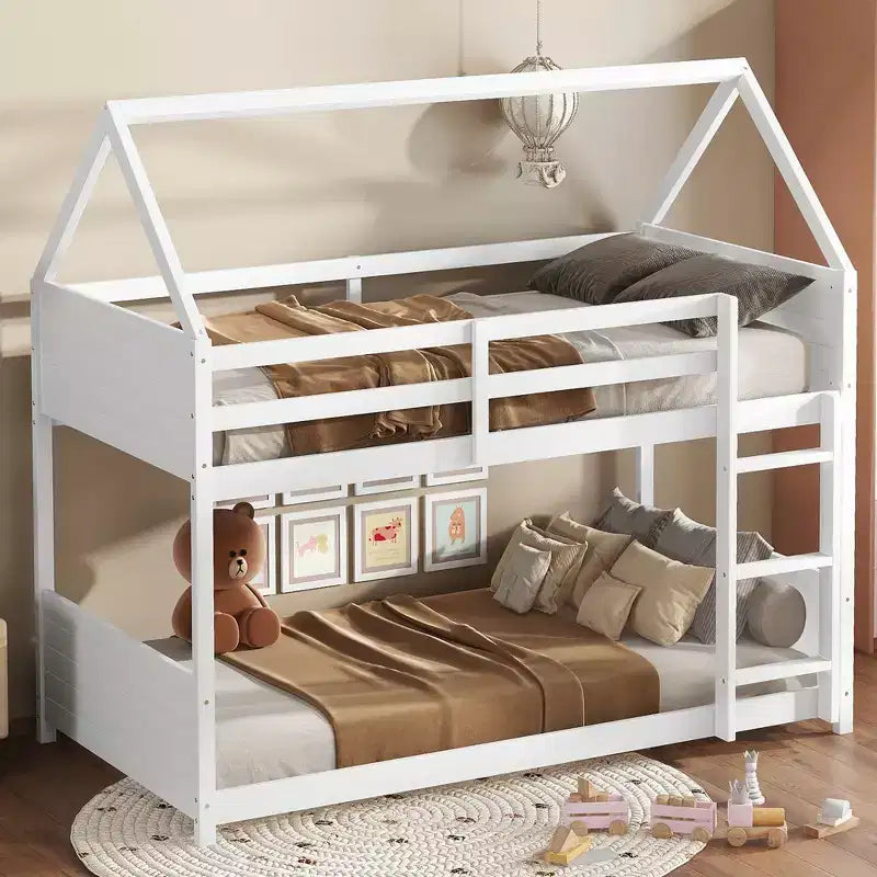 Bellemave Twin Over Twin House Bunk Bed, Low Floor Wood Bunk Bed with Roof Frame, Guardrails & Ladder, Rubber Wood Kids Bed Frame