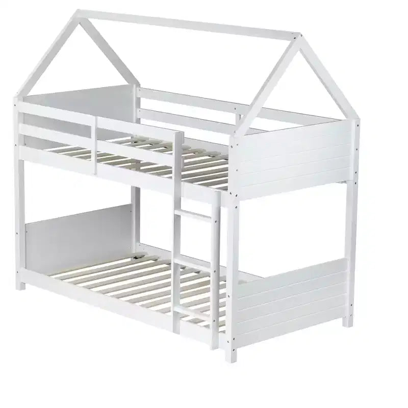 Bellemave Twin Over Twin House Bunk Bed, Low Floor Wood Bunk Bed with Roof Frame, Guardrails & Ladder, Rubber Wood Kids Bed Frame