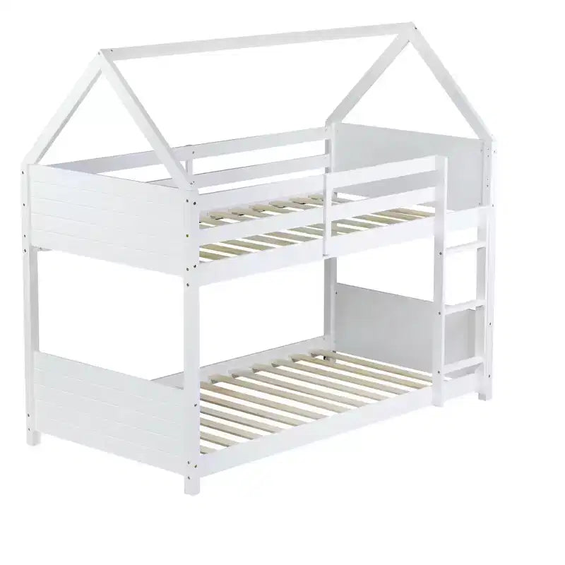 Bellemave Twin Over Twin House Bunk Bed, Low Floor Wood Bunk Bed with Roof Frame, Guardrails & Ladder, Rubber Wood Kids Bed Frame