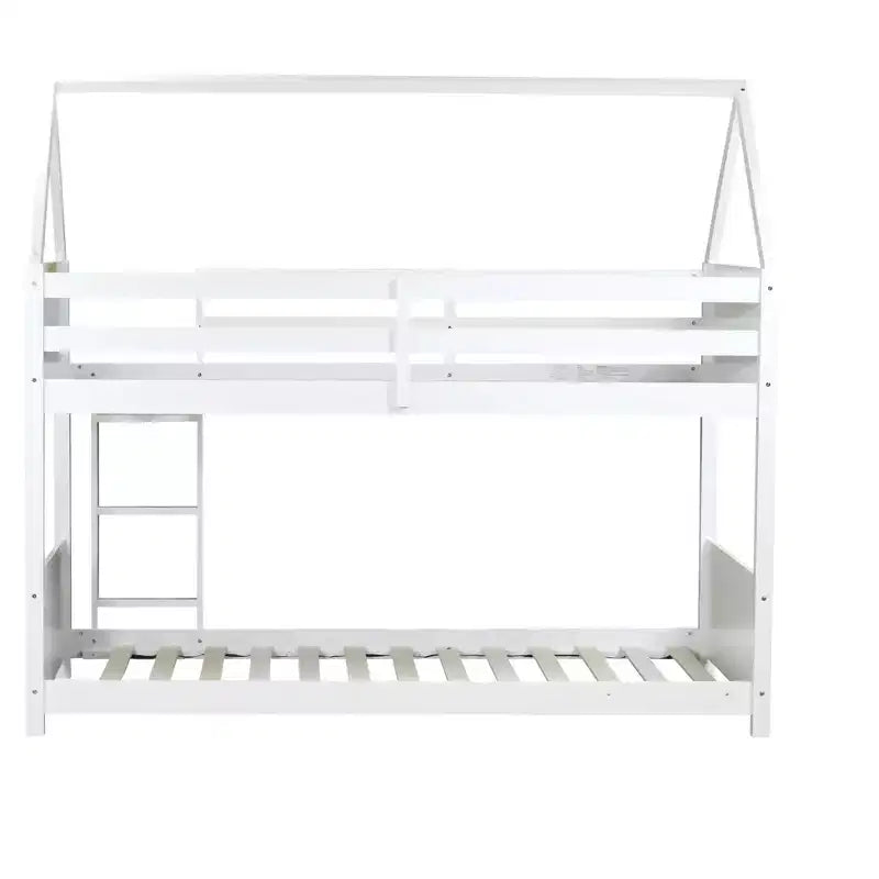 Bellemave Twin Over Twin House Bunk Bed, Low Floor Wood Bunk Bed with Roof Frame, Guardrails & Ladder, Rubber Wood Kids Bed Frame