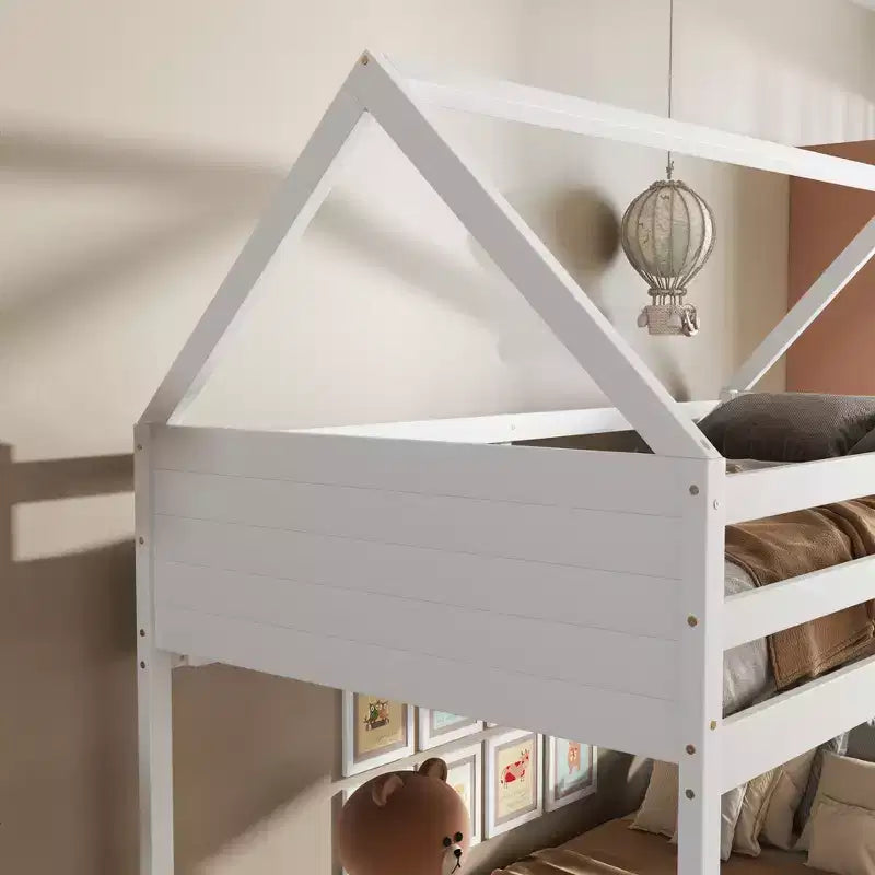 Bellemave Twin Over Twin House Bunk Bed, Low Floor Wood Bunk Bed with Roof Frame, Guardrails & Ladder, Rubber Wood Kids Bed Frame