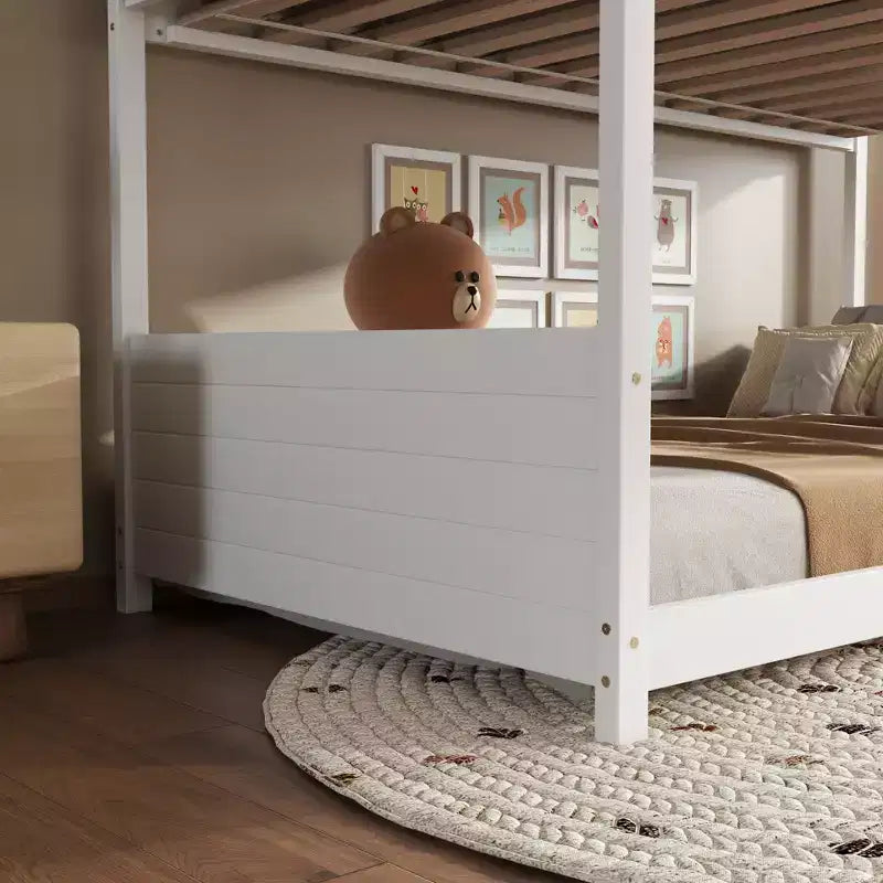 Bellemave Twin Over Twin House Bunk Bed, Low Floor Wood Bunk Bed with Roof Frame, Guardrails & Ladder, Rubber Wood Kids Bed Frame