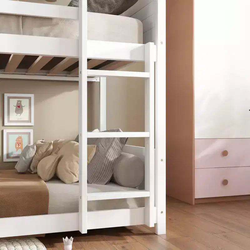 Bellemave Twin Over Twin House Bunk Bed, Low Floor Wood Bunk Bed with Roof Frame, Guardrails & Ladder, Rubber Wood Kids Bed Frame