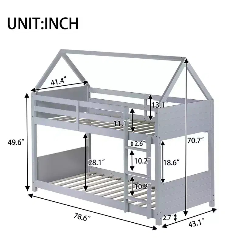 Bellemave Twin Over Twin House Bunk Bed, Low Floor Wood Bunk Bed with Roof Frame, Guardrails & Ladder, Rubber Wood Kids Bed Frame