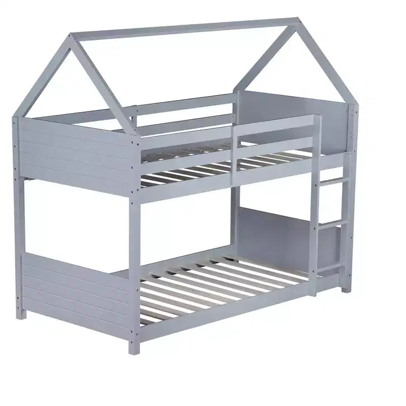 Bellemave Twin Over Twin House Bunk Bed, Low Floor Wood Bunk Bed with Roof Frame, Guardrails & Ladder, Rubber Wood Kids Bed Frame