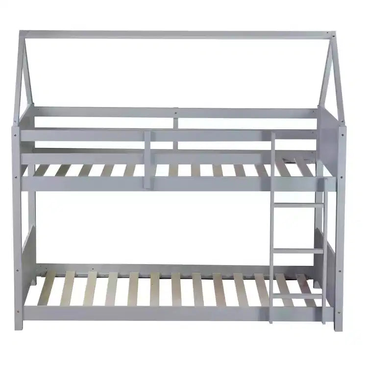 Bellemave Twin Over Twin House Bunk Bed, Low Floor Wood Bunk Bed with Roof Frame, Guardrails & Ladder, Rubber Wood Kids Bed Frame