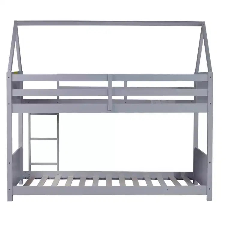 Bellemave Twin Over Twin House Bunk Bed, Low Floor Wood Bunk Bed with Roof Frame, Guardrails & Ladder, Rubber Wood Kids Bed Frame