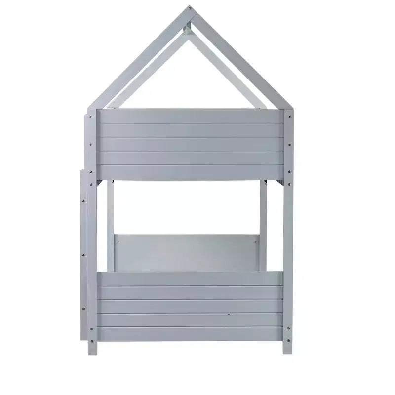 Bellemave Twin Over Twin House Bunk Bed, Low Floor Wood Bunk Bed with Roof Frame, Guardrails & Ladder, Rubber Wood Kids Bed Frame