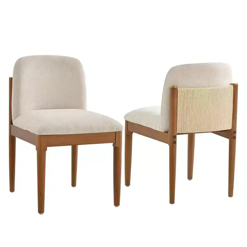Set of 2 Modern Dining Chairs, Kitchen Chairs with Woven Rope Backrest & Solid Rubberwood Legs, Walnut Finish - ModernLuxe