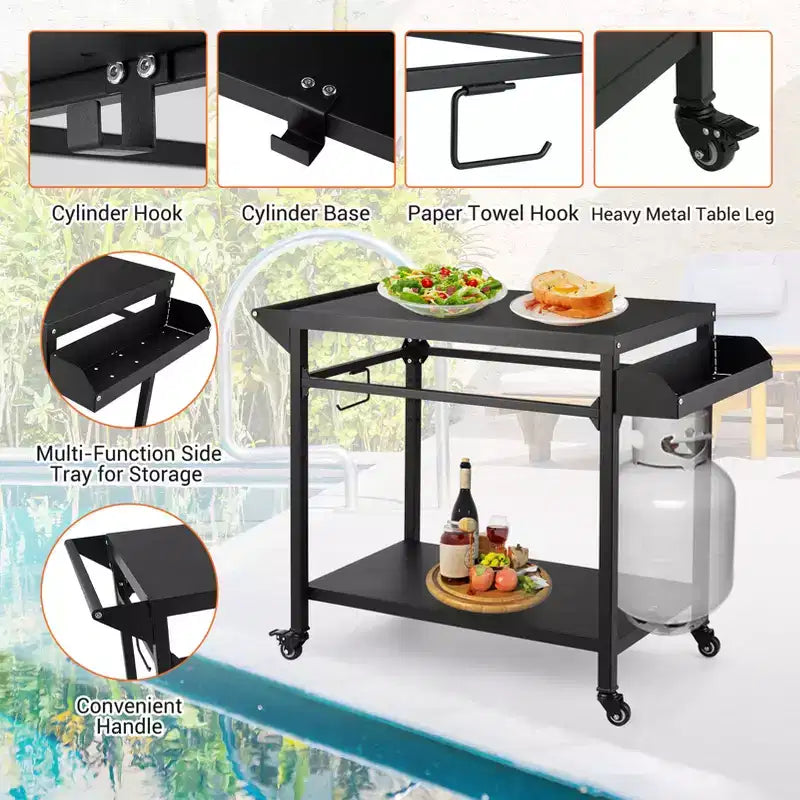 3-Tier Rolling Outdoor Grill Cart and BBQ Prep Table with Wheels, Pizza Oven Stand with Mesh Racks and Utensil Hooks for Patio, Camping and Parties