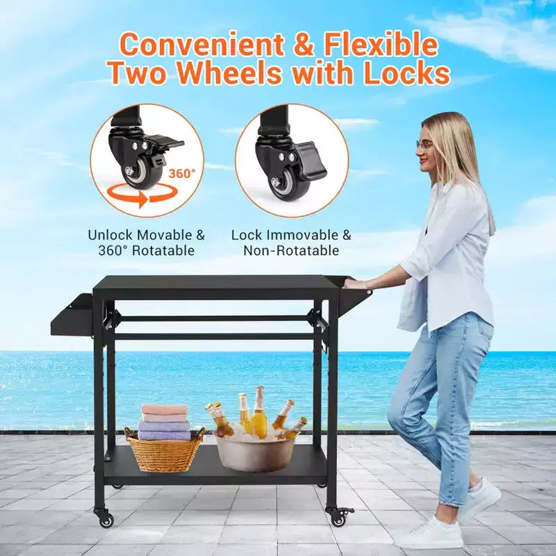 3-Tier Rolling Outdoor Grill Cart and BBQ Prep Table with Wheels, Pizza Oven Stand with Mesh Racks and Utensil Hooks for Patio, Camping and Parties