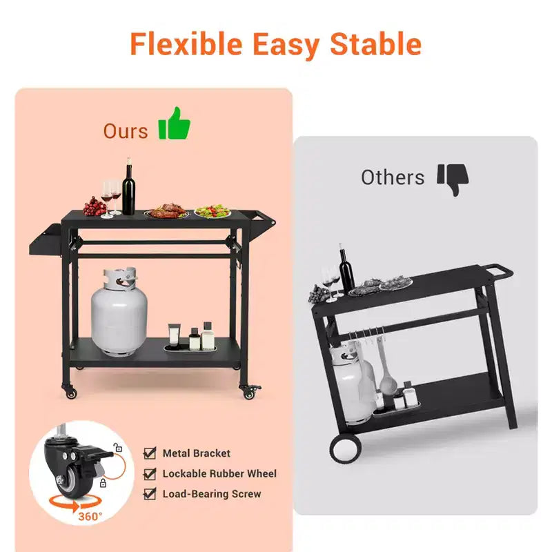 3-Tier Rolling Outdoor Grill Cart and BBQ Prep Table with Wheels, Pizza Oven Stand with Mesh Racks and Utensil Hooks for Patio, Camping and Parties