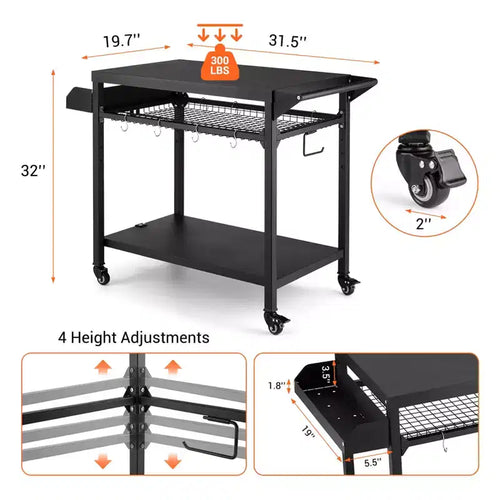 Desserte de barbecue d'extérieur à roulettes à 3 niveaux et table de préparation pour barbecue avec roues, support de four à pizza avec étagères en filet et crochets à ustensiles pour terrasse, camping et fêtes