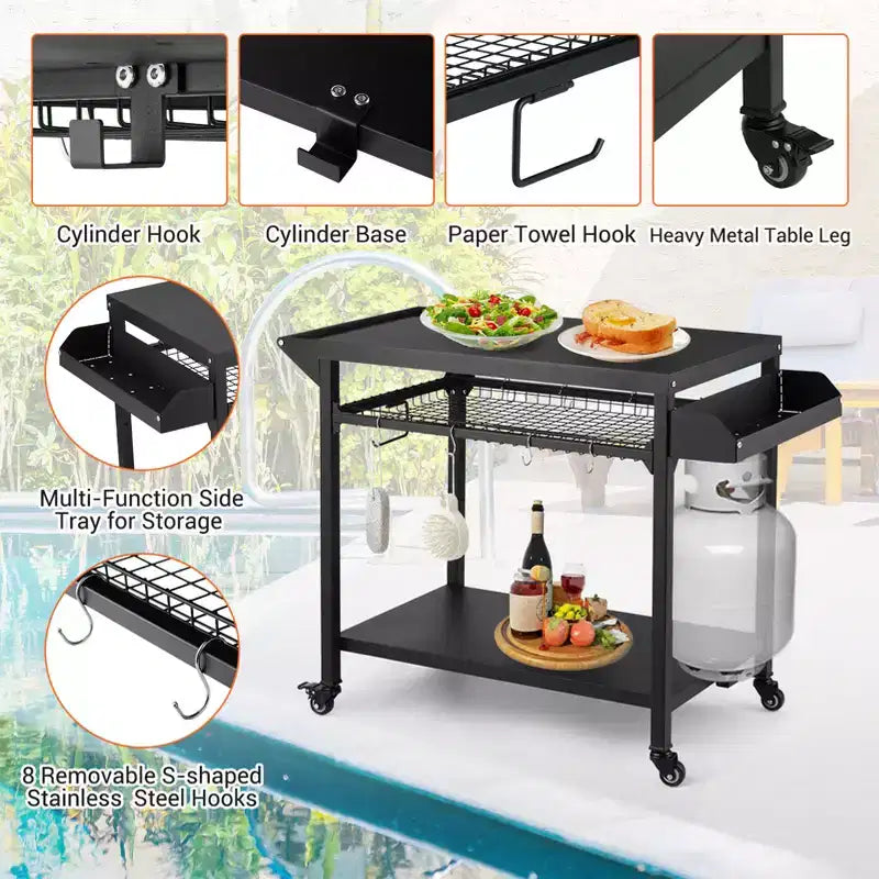 3-Tier Rolling Outdoor Grill Cart and BBQ Prep Table with Wheels, Pizza Oven Stand with Mesh Racks and Utensil Hooks for Patio, Camping and Parties