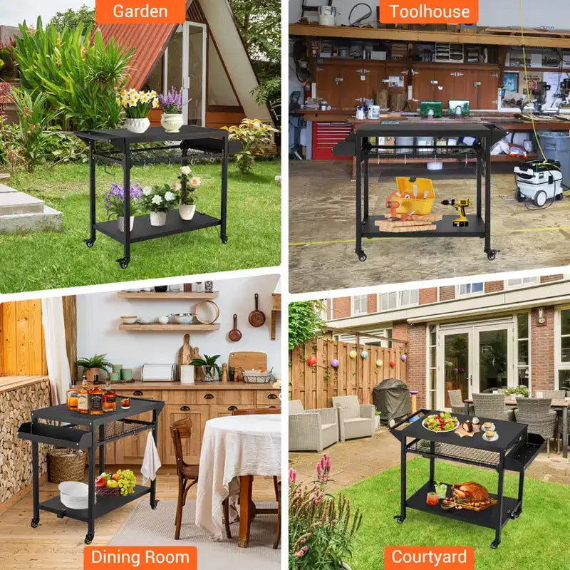 3-Tier Rolling Outdoor Grill Cart and BBQ Prep Table with Wheels, Pizza Oven Stand with Mesh Racks and Utensil Hooks for Patio, Camping and Parties