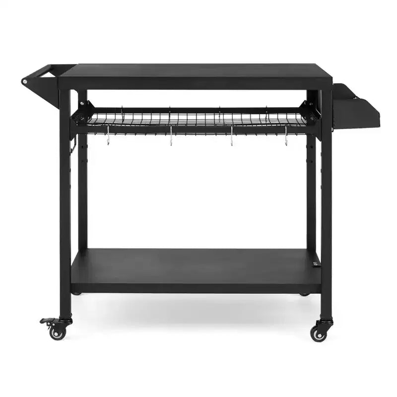 3-Tier Rolling Outdoor Grill Cart and BBQ Prep Table with Wheels, Pizza Oven Stand with Mesh Racks and Utensil Hooks for Patio, Camping and Parties