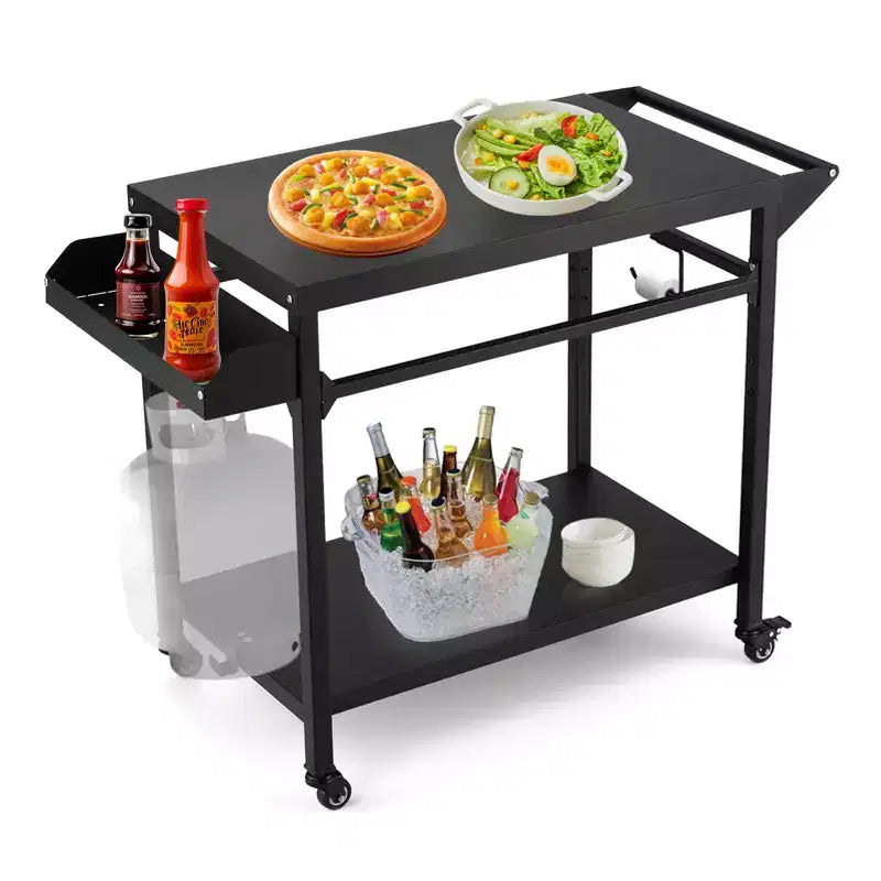 Desserte de barbecue d'extérieur à roulettes à 3 niveaux et table de préparation pour barbecue avec roues, support de four à pizza avec étagères en filet et crochets à ustensiles pour terrasse, camping et fêtes